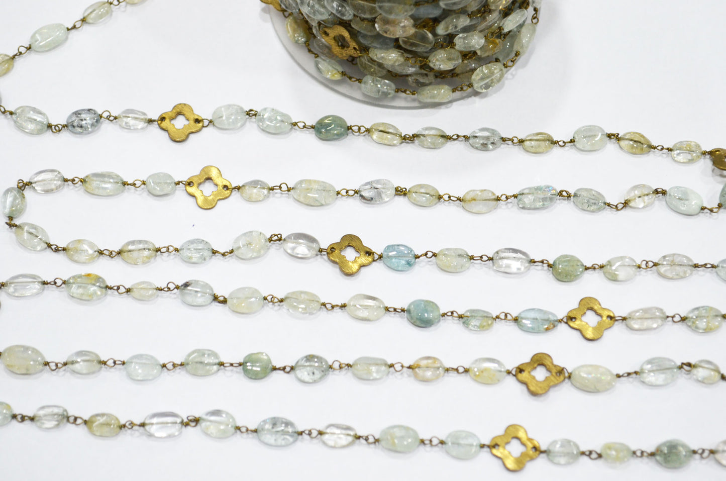 Aquamarine Smooth Oval Shape Rosary Beaded Chain , Aquamarine Oval With Quatrefoil Clover Wire Wrapped Chain , 6 - 9 mm , RB-5750
