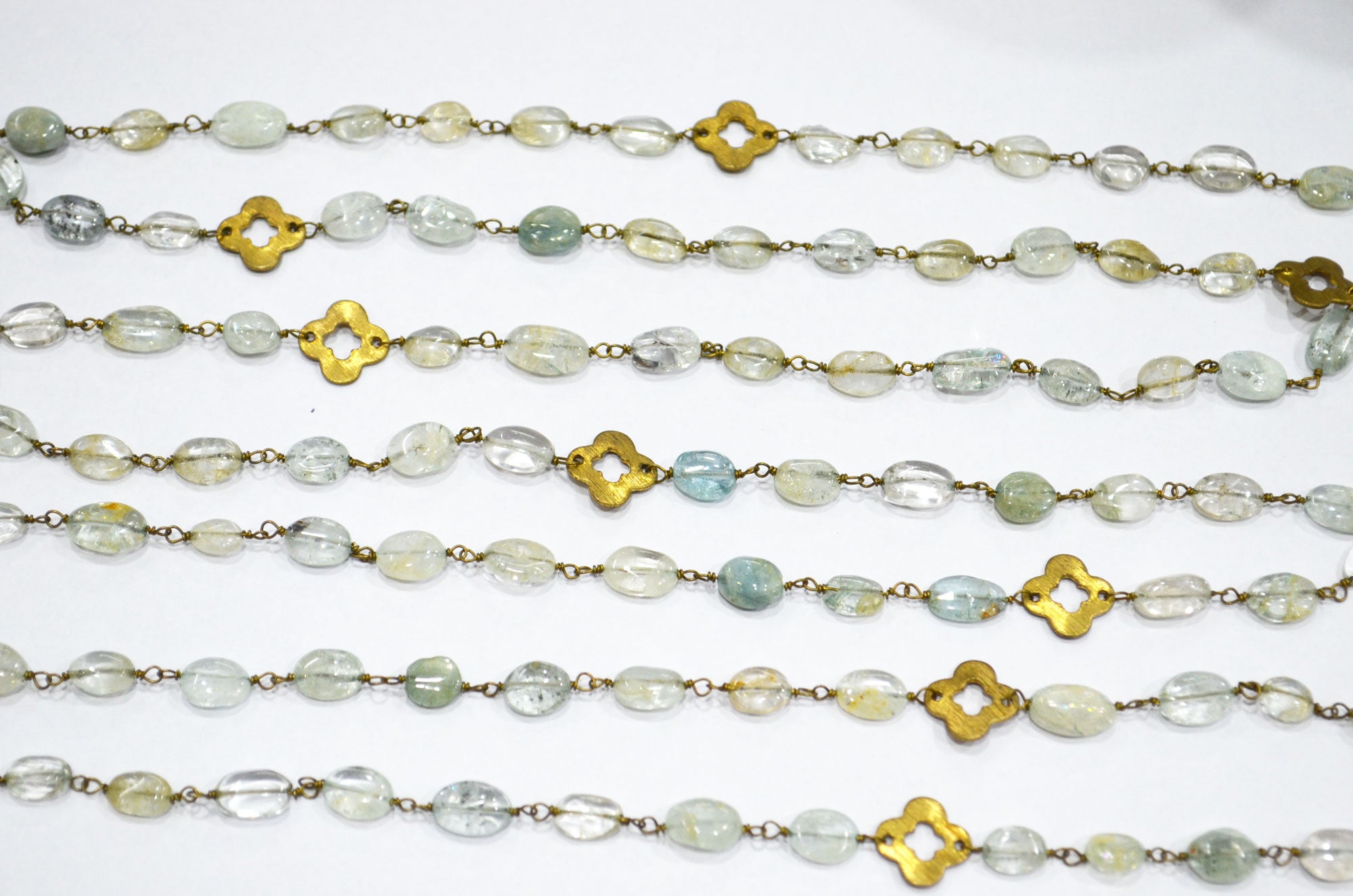 Aquamarine Smooth Oval Shape Rosary Beaded Chain , Aquamarine Oval With Quatrefoil Clover Wire Wrapped Chain , 6 - 9 mm , RB-5750