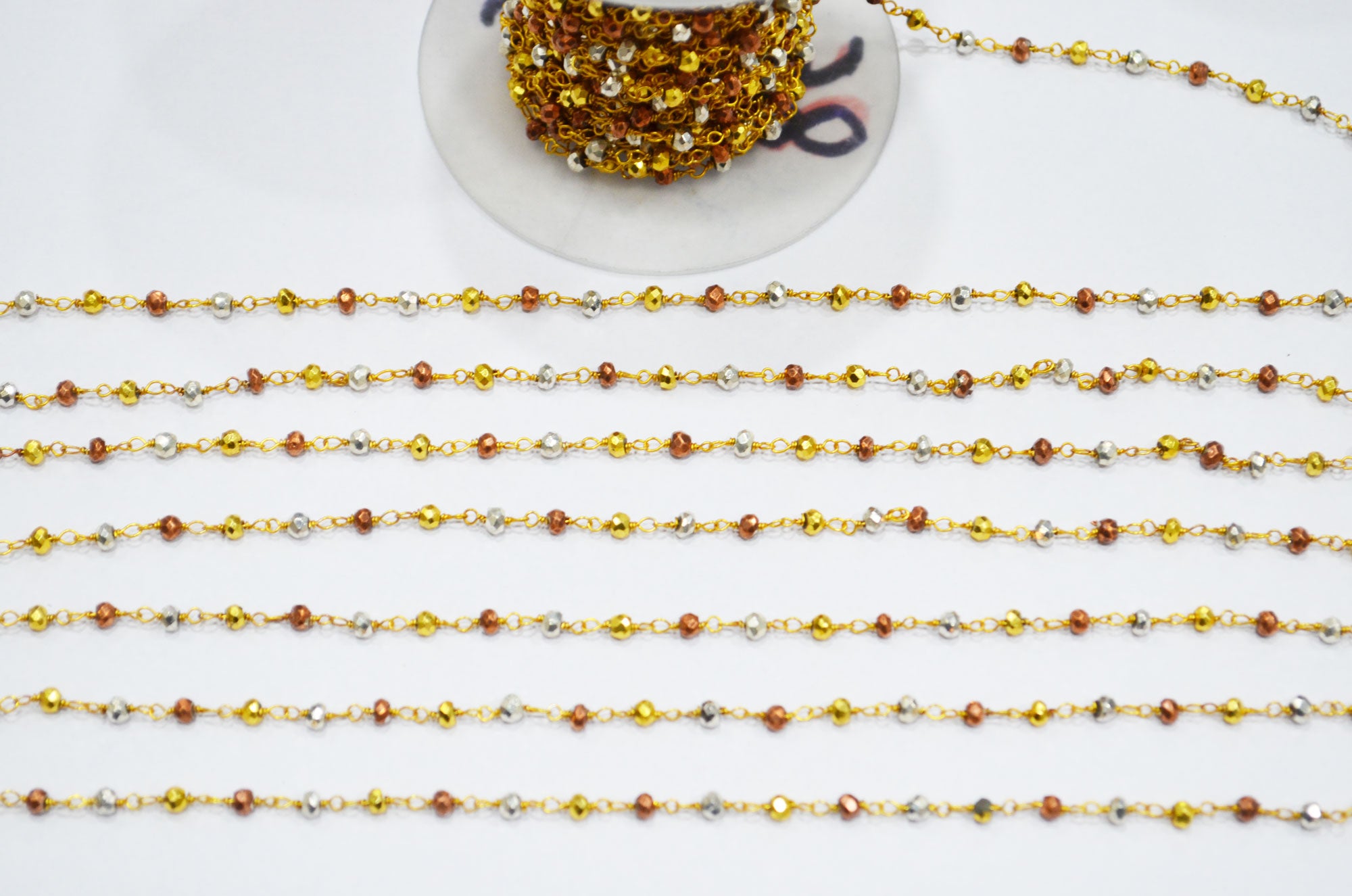 Multi Pyrite Faceted Rondelle Shape Rosary Beaded Chain , 3.25 - 3.50 mm , RB-5753