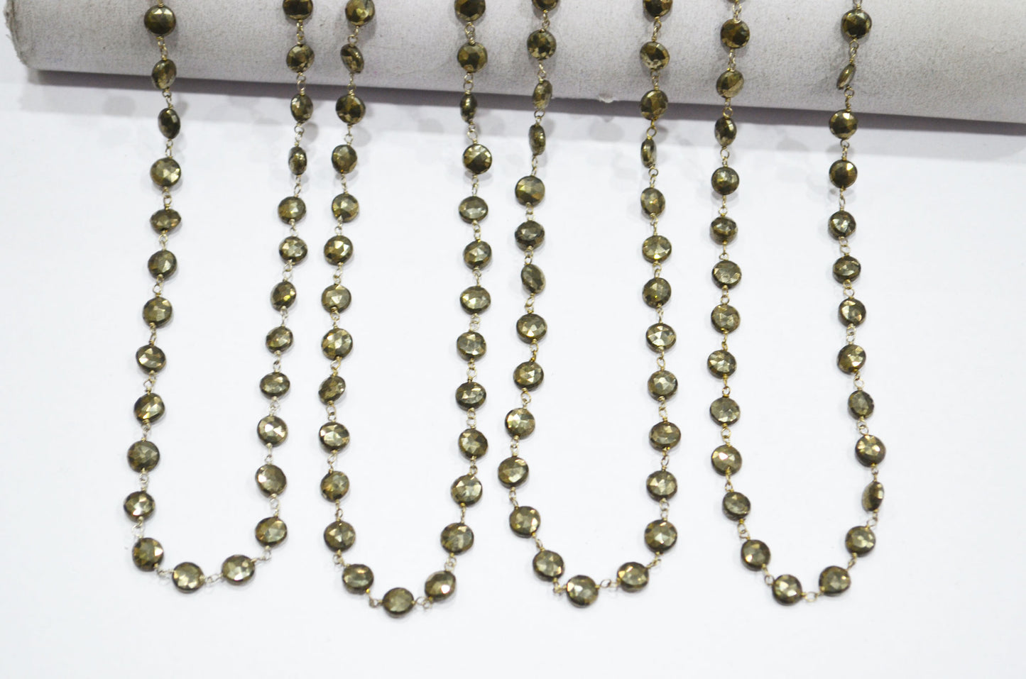 Pyrite Faceted Coin Shape Rosary Beaded Chain , 7 - 7.50 mm , RB-5755