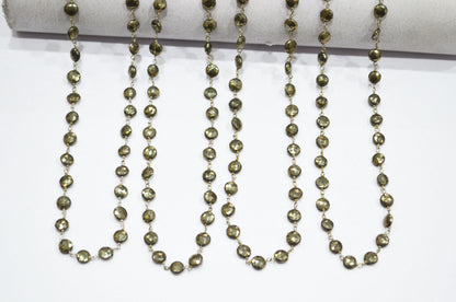Pyrite Faceted Coin Shape Rosary Beaded Chain , 7 - 7.50 mm , RB-5755