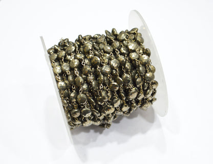 Pyrite Faceted Coin Shape Rosary Beaded Chain , 7 - 7.50 mm , RB-5755