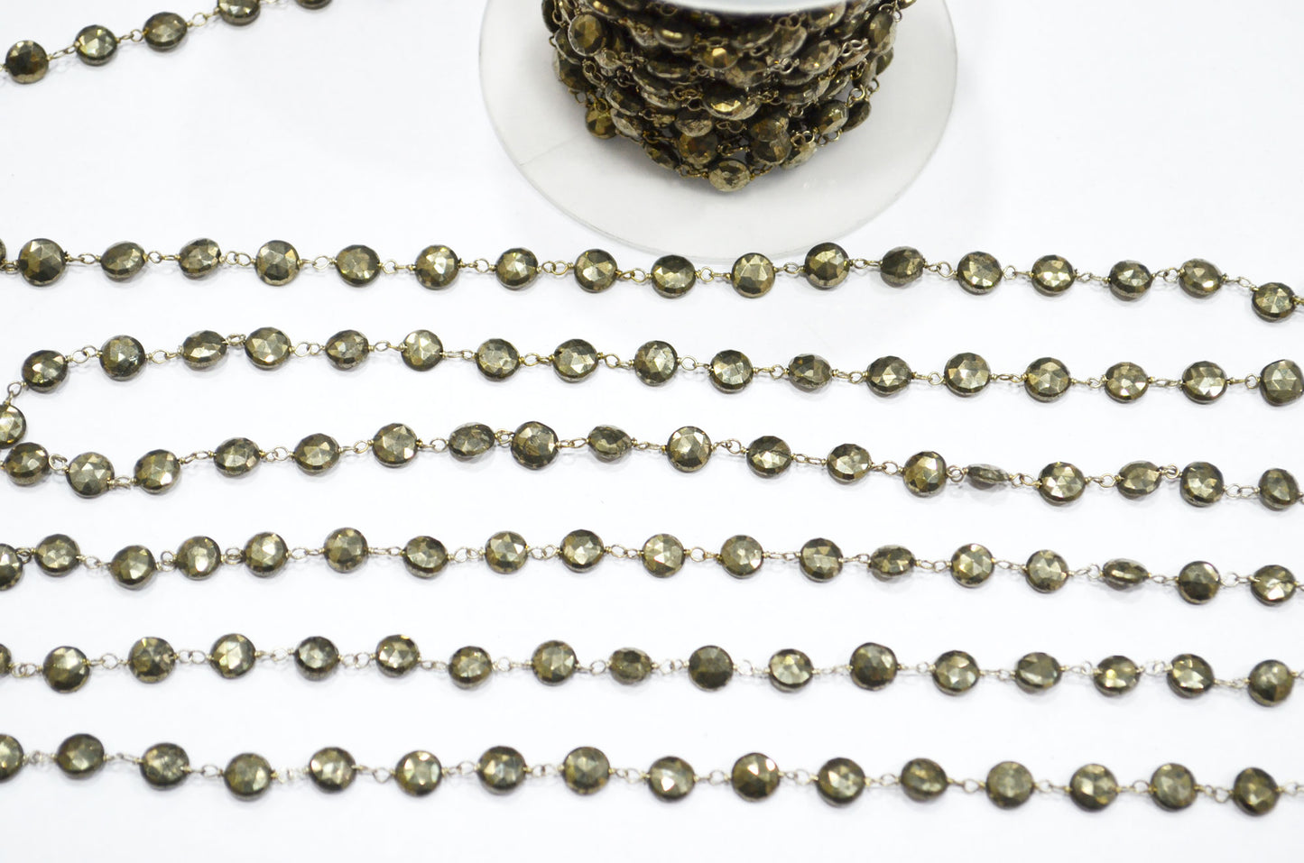 Pyrite Faceted Coin Shape Rosary Beaded Chain , 7 - 7.50 mm , RB-5755