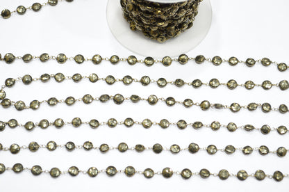 Pyrite Faceted Coin Shape Rosary Beaded Chain , 7 - 7.50 mm , RB-5755