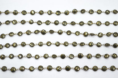 Pyrite Faceted Coin Shape Rosary Beaded Chain , 7 - 7.50 mm , RB-5755