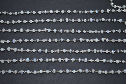 Rainbow Moonstone Faceted Rondelle Shape Rosary Beaded Chain , 4 - 4.50 mm , RB-5756