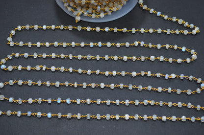 Rainbow Moonstone Faceted Rondelle Shape Rosary Beaded Chain , 4.50 - 5 mm , RB-5757