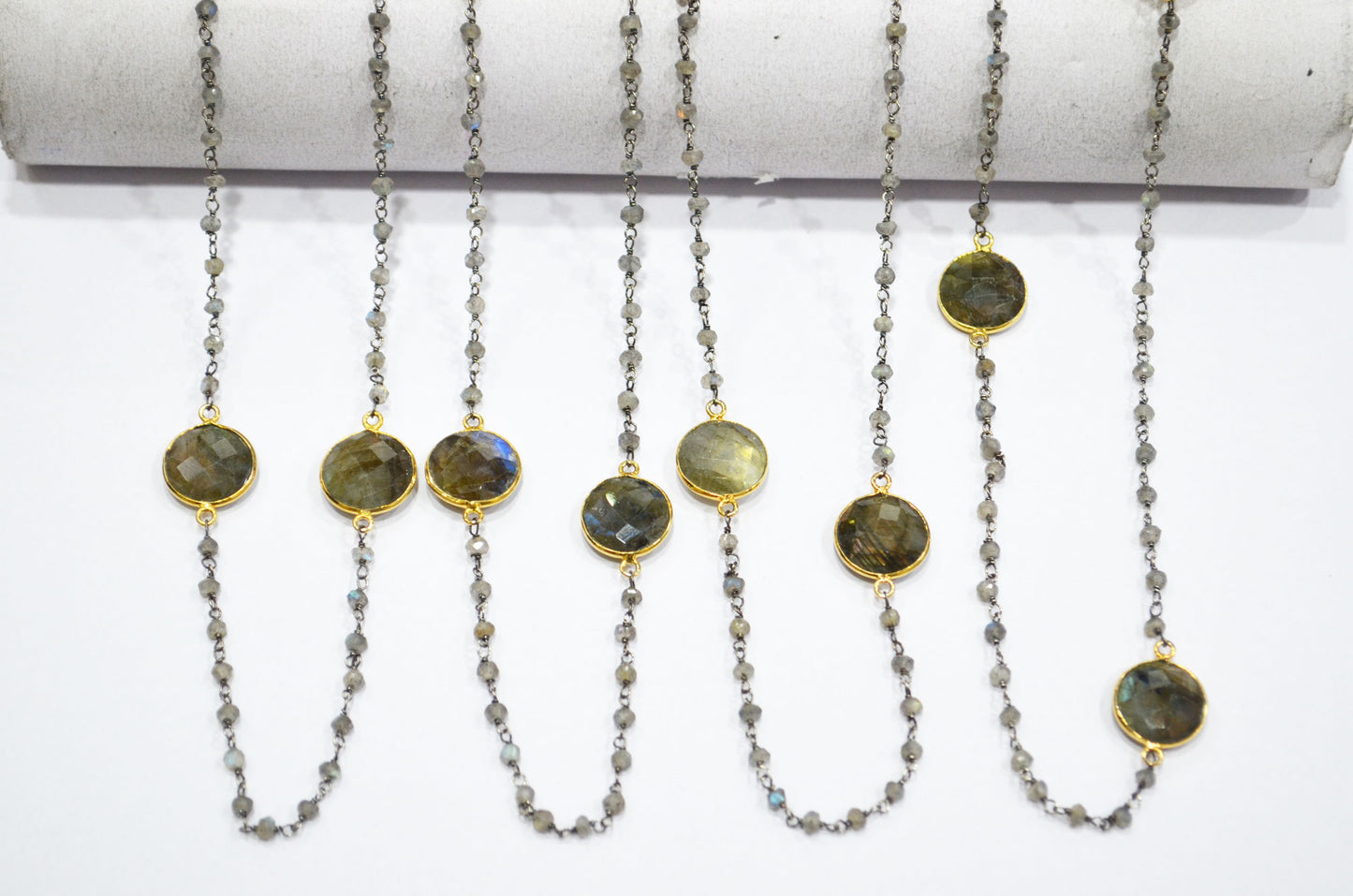Labradorite Faceted Rondelle Shape Rosary Beaded Chain , Labradorite Faceted Coin Shape Connector Wire Wrapped Chain , 3.50 mm , RB-5758