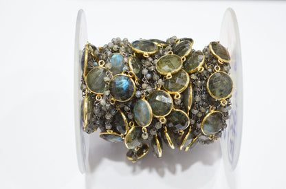 Labradorite Faceted Rondelle Shape Rosary Beaded Chain , Labradorite Faceted Coin Shape Connector Wire Wrapped Chain , 3.50 mm , RB-5758