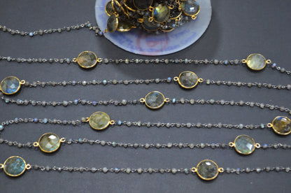 Labradorite Faceted Rondelle Shape Rosary Beaded Chain , Labradorite Faceted Coin Shape Connector Wire Wrapped Chain , 3.50 mm , RB-5758
