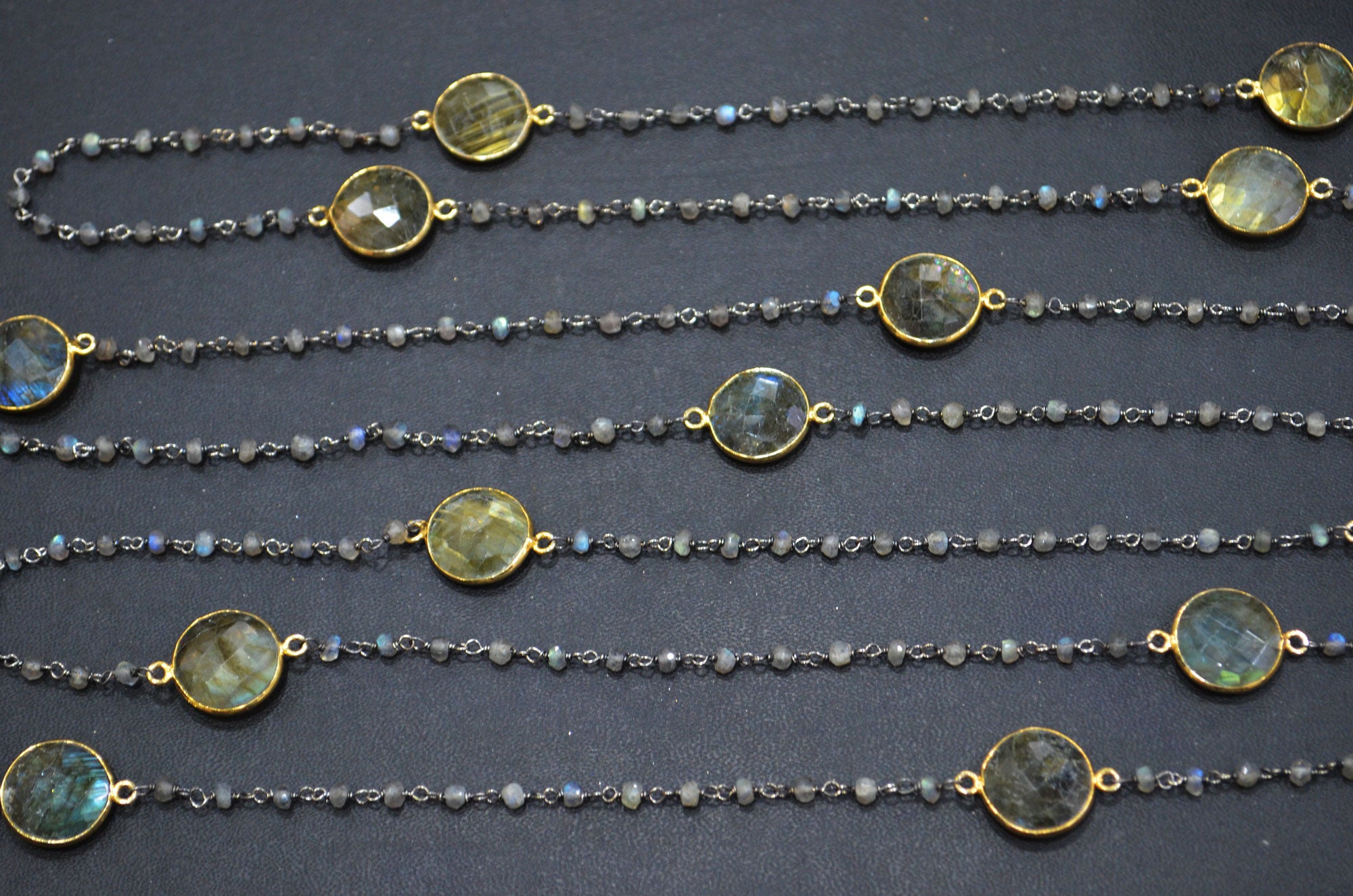 Labradorite Faceted Rondelle Shape Rosary Beaded Chain , Labradorite Faceted Coin Shape Connector Wire Wrapped Chain , 3.50 mm , RB-5758