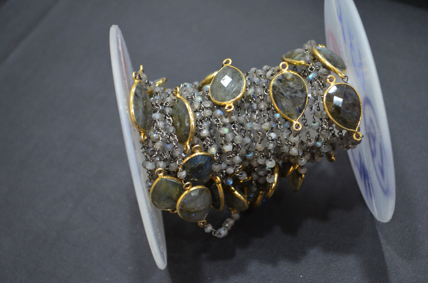 Labradorite Faceted Rondelle Shape Rosary Beaded Chain , Labradorite Faceted Pear Shape Connector Wire Wrapped Chain , 3 - 3.50 mm , RB-5760