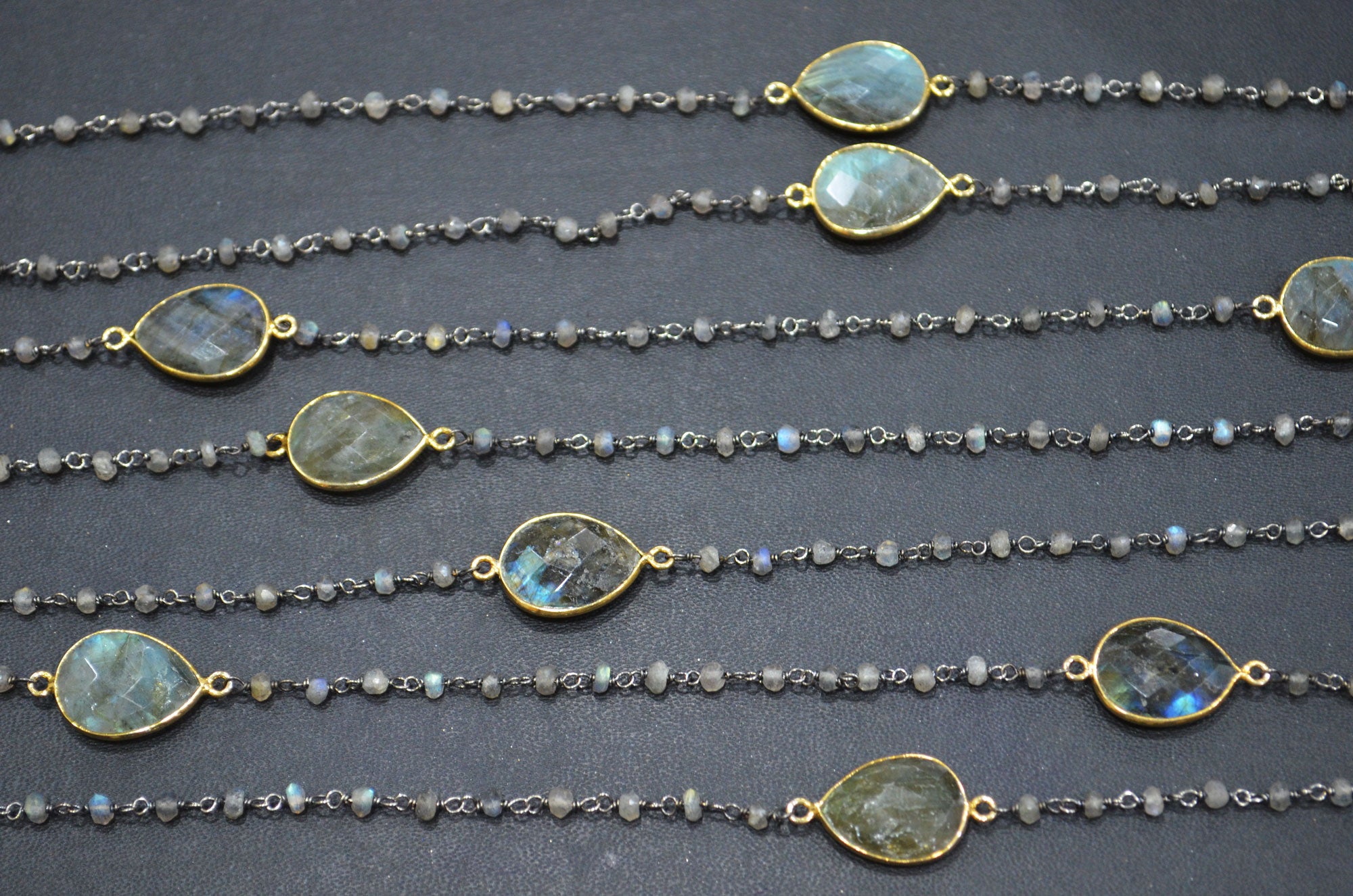 Labradorite Faceted Rondelle Shape Rosary Beaded Chain , Labradorite Faceted Pear Shape Connector Wire Wrapped Chain , 3 - 3.50 mm , RB-5760
