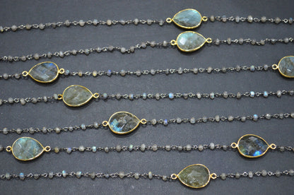 Labradorite Faceted Rondelle Shape Rosary Beaded Chain , Labradorite Faceted Pear Shape Connector Wire Wrapped Chain , 3 - 3.50 mm , RB-5760