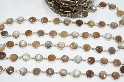Chocolate Moonstone Faceted Round Shape Connector Chain , 13 mm , RB-5765
