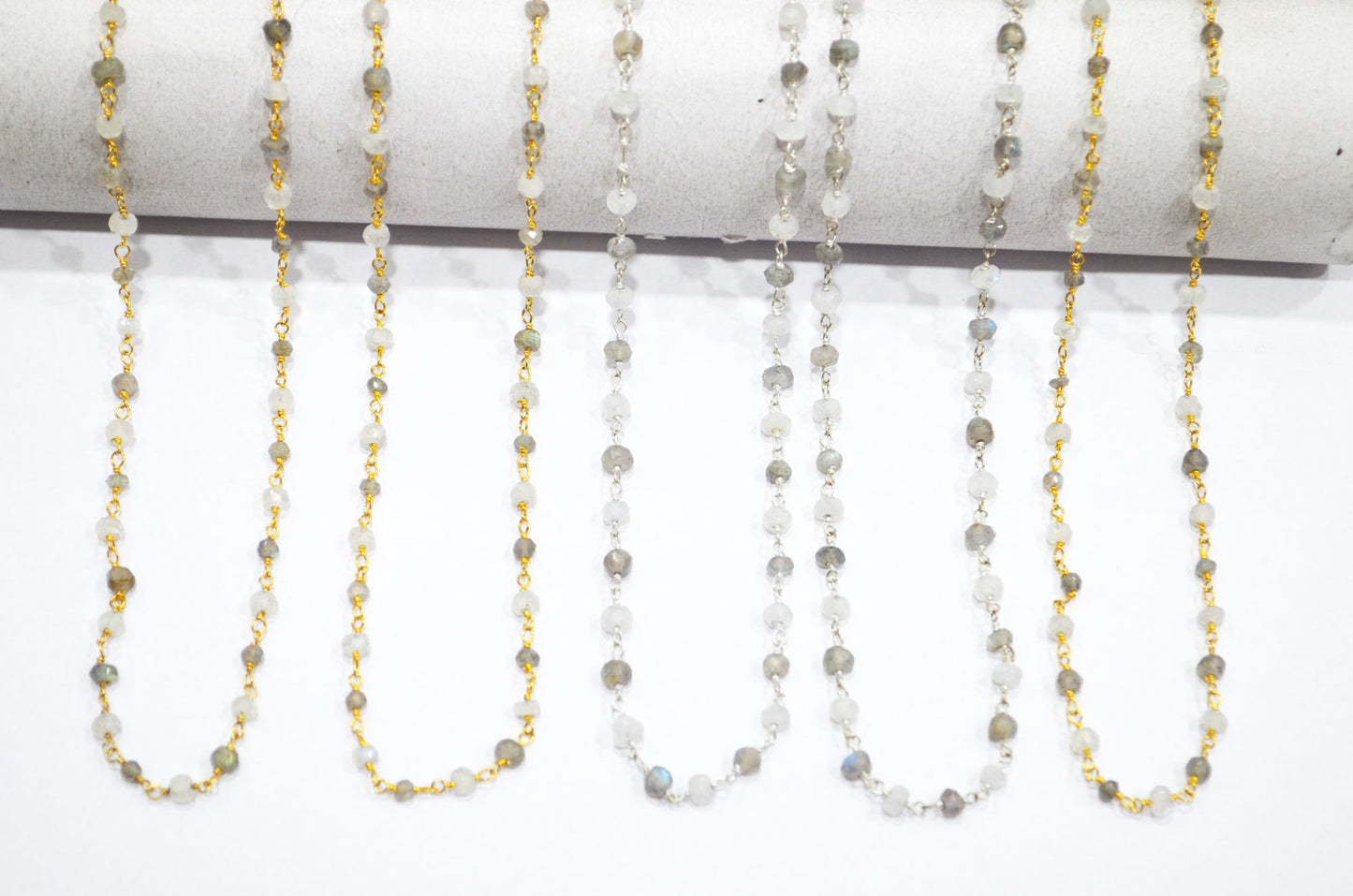 Rainbow Moonstone Faceted Rosary Beaded Chain , Labradorite Rondelle Shape Wire Wrapped Chain , 4.50 mm , RB-5771