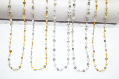 Rainbow Moonstone Faceted Rosary Beaded Chain , Labradorite Rondelle Shape Wire Wrapped Chain , 4.50 mm , RB-5771