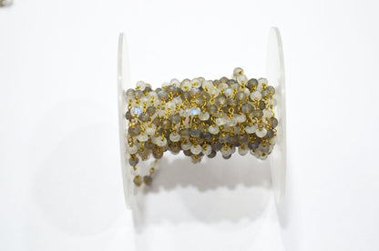 Rainbow Moonstone Faceted Rosary Beaded Chain , Labradorite Rondelle Shape Wire Wrapped Chain , 4.50 mm , RB-5771