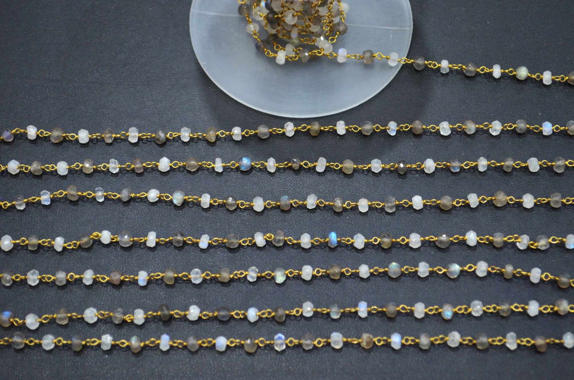 Rainbow Moonstone Faceted Rosary Beaded Chain , Labradorite Rondelle Shape Wire Wrapped Chain , 4.50 mm , RB-5771