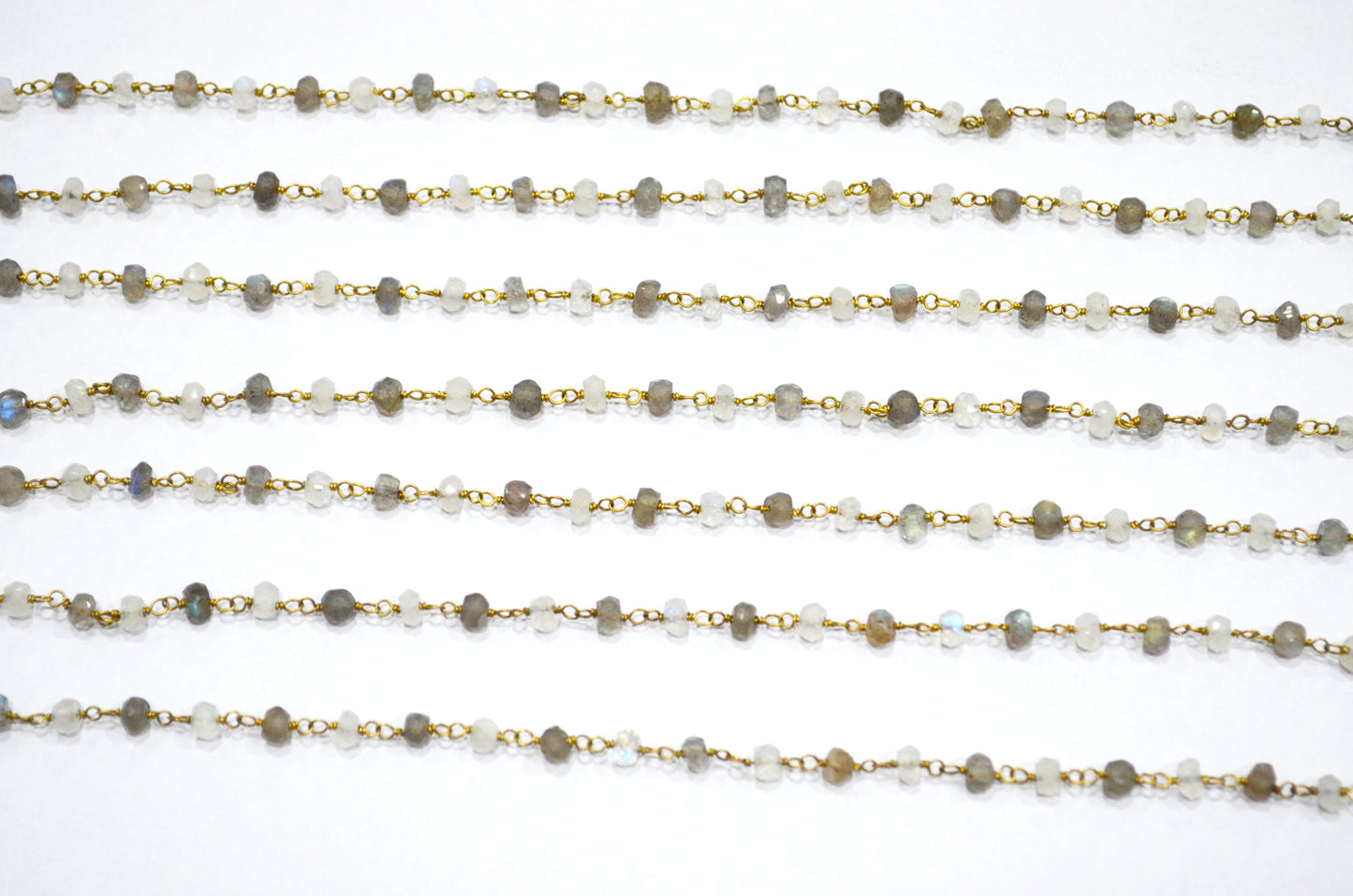 Rainbow Moonstone Faceted Rosary Beaded Chain , Labradorite Rondelle Shape Wire Wrapped Chain , 4.50 mm , RB-5771