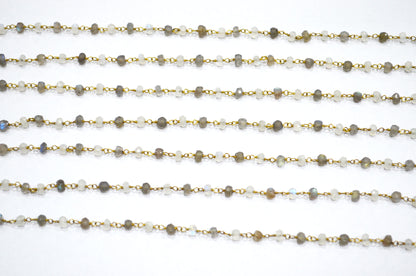 Rainbow Moonstone Faceted Rosary Beaded Chain , Labradorite Rondelle Shape Wire Wrapped Chain , 4.50 mm , RB-5771