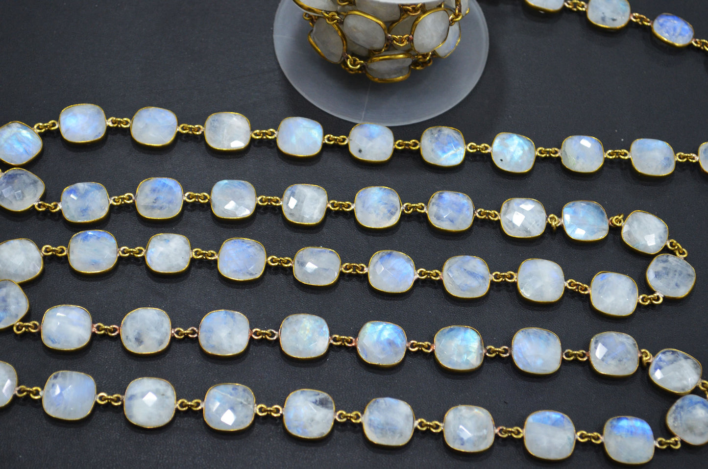 Rainbow Moonstone Cushion Shape Connector Chain , 13 - 13.50 mm , RB-5774