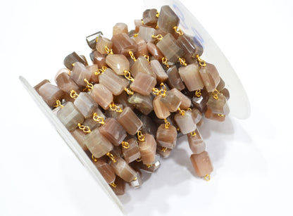 Chocolate Moonstone Laser Cut Nuggets Shape Rosary Beaded Chain , 10 - 14 mm , RB-5775