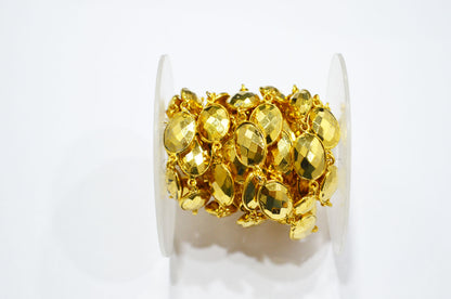 Gold Pyrite Faceted Oval Shape Connector Chain , 11x14 mm , RB-5778