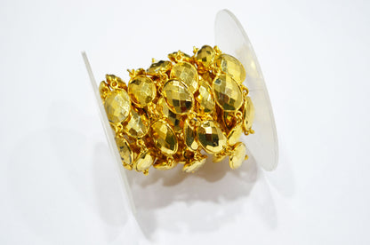 Gold Pyrite Faceted Oval Shape Connector Chain , 11x14 mm , RB-5778
