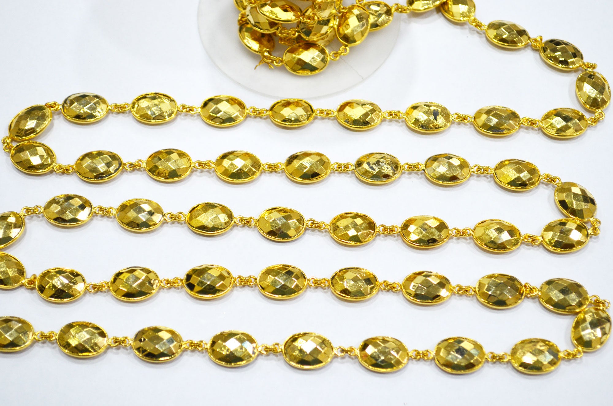 Gold Pyrite Faceted Oval Shape Connector Chain , 11x14 mm , RB-5778
