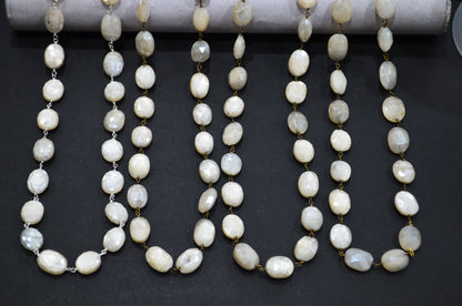 Mystic White Moonstone Faceted Oval Shape Rosary Beaded Chain , 9 - 11 mm , RB-5782