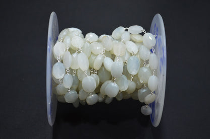 White Moonstone Faceted Oval Shape Rosary Beaded Chain , 9 - 13 mm , RB-5782A