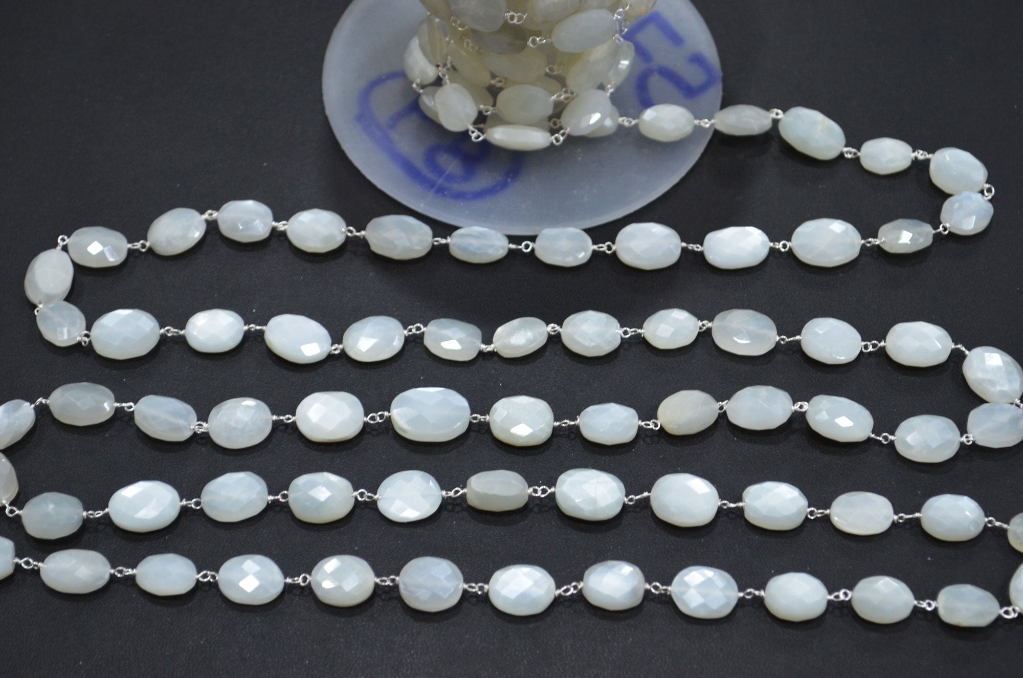 White Moonstone Faceted Oval Shape Rosary Beaded Chain , 9 - 13 mm , RB-5782A