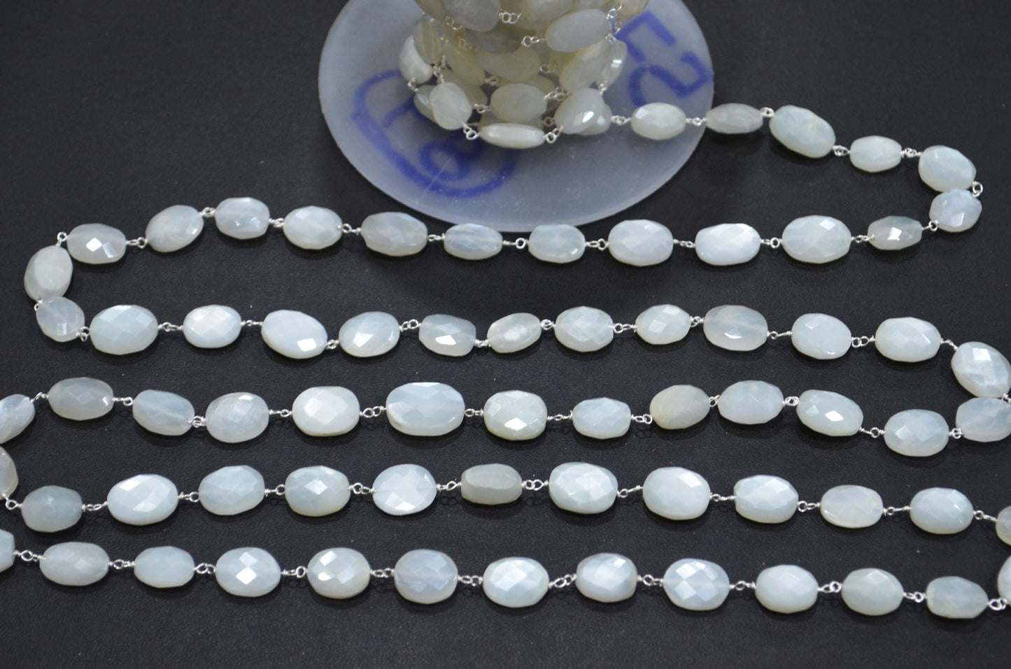 White Moonstone Faceted Oval Shape Rosary Beaded Chain , 9 - 13 mm , RB-5782A