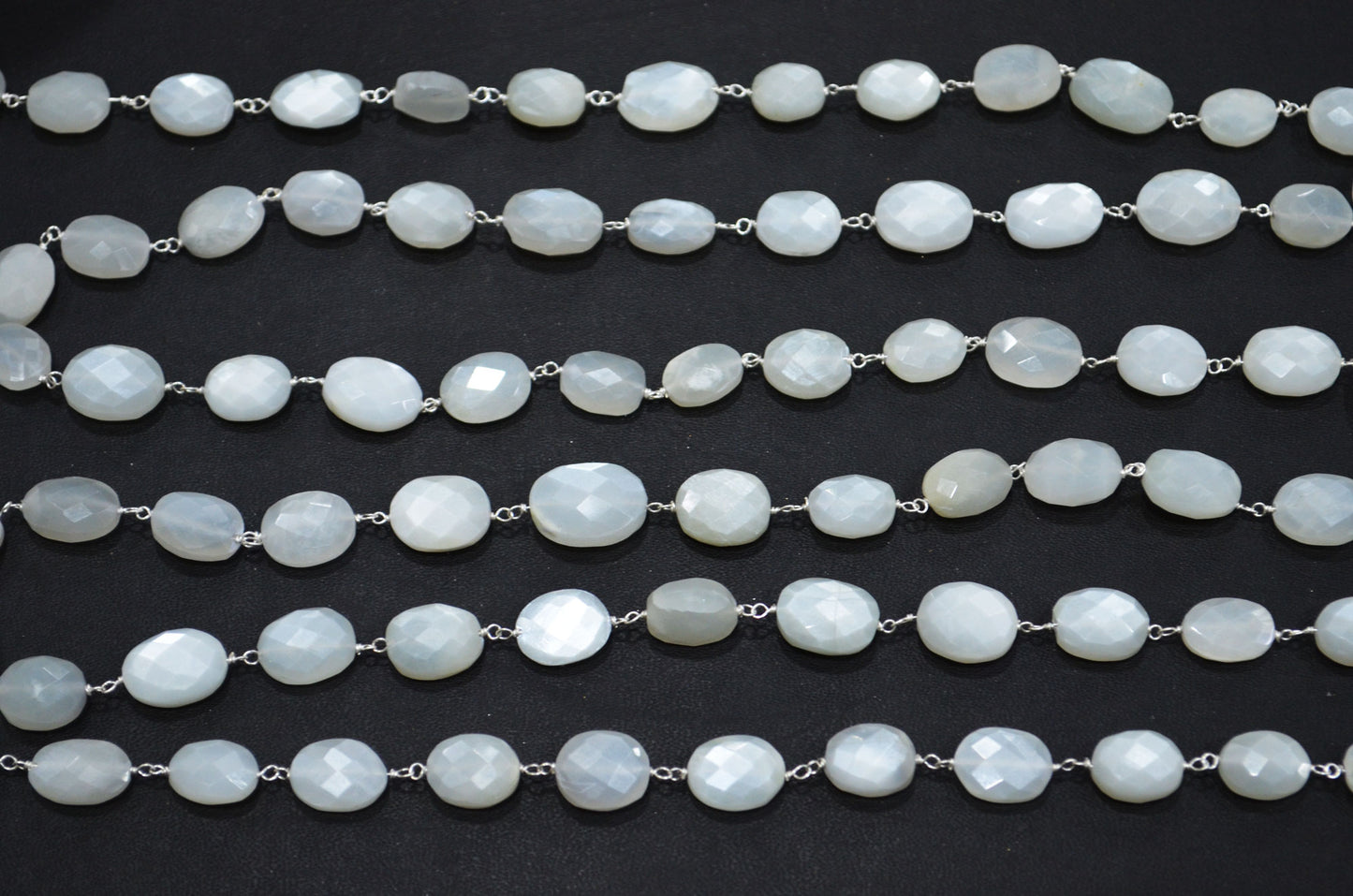 White Moonstone Faceted Oval Shape Rosary Beaded Chain , 9 - 13 mm , RB-5782A