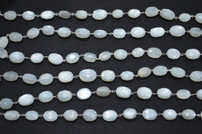 White Moonstone Faceted Oval Shape Rosary Beaded Chain , 9 - 13 mm , RB-5782A