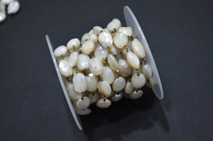 Mystic White Moonstone Faceted Oval Shape Rosary Beaded Chain , 9 - 11 mm , RB-5782