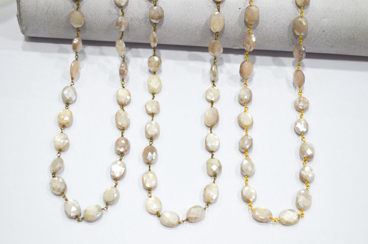 Mystic Beige Moonstone Faceted Oval Shape Rosary Beaded Chain , 9 - 11 mm , RB-5783