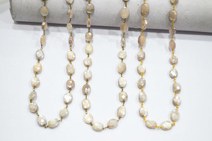 Mystic Beige Moonstone Faceted Oval Shape Rosary Beaded Chain , 9 - 11 mm , RB-5783