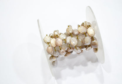 Mystic Beige Moonstone Faceted Oval Shape Rosary Beaded Chain , 9 - 11 mm , RB-5783