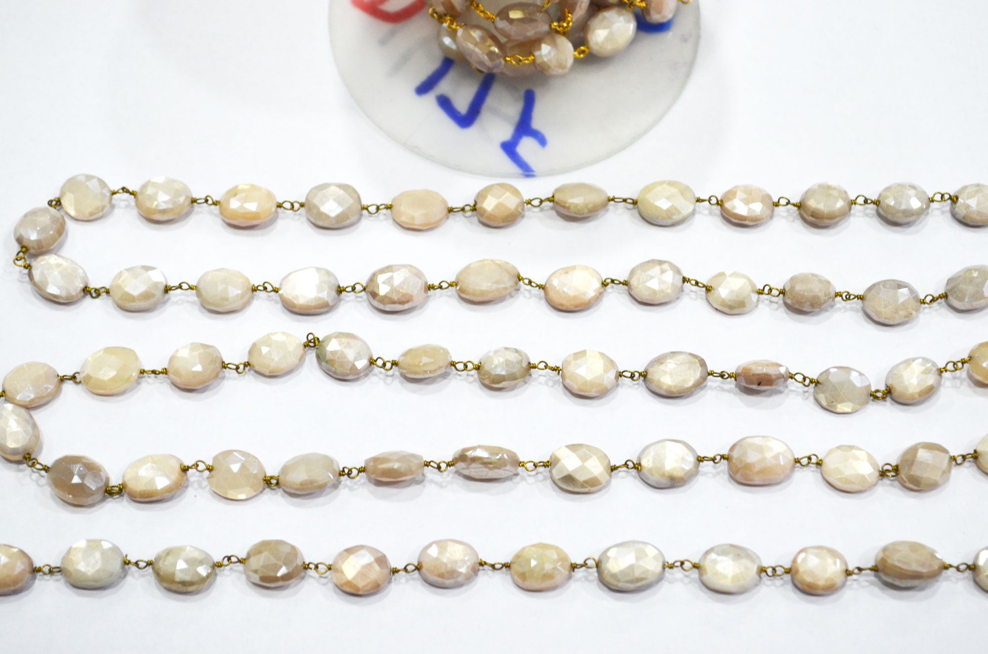 Mystic Beige Moonstone Faceted Oval Shape Rosary Beaded Chain , 9 - 11 mm , RB-5783