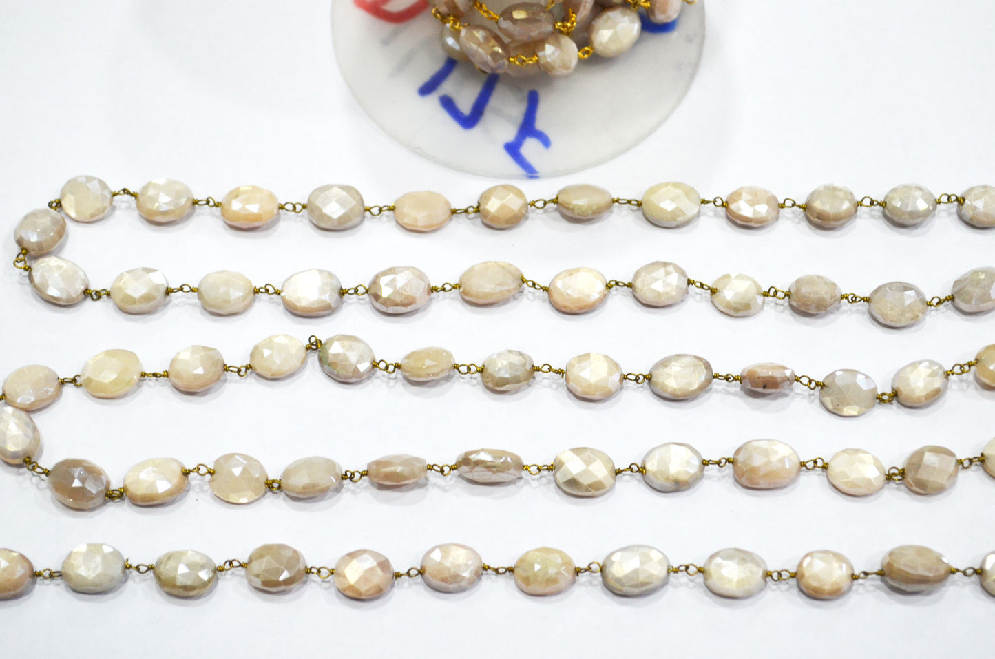 Mystic Beige Moonstone Faceted Oval Shape Rosary Beaded Chain , 9 - 11 mm , RB-5783