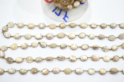 Mystic Beige Moonstone Faceted Oval Shape Rosary Beaded Chain , 9 - 11 mm , RB-5783