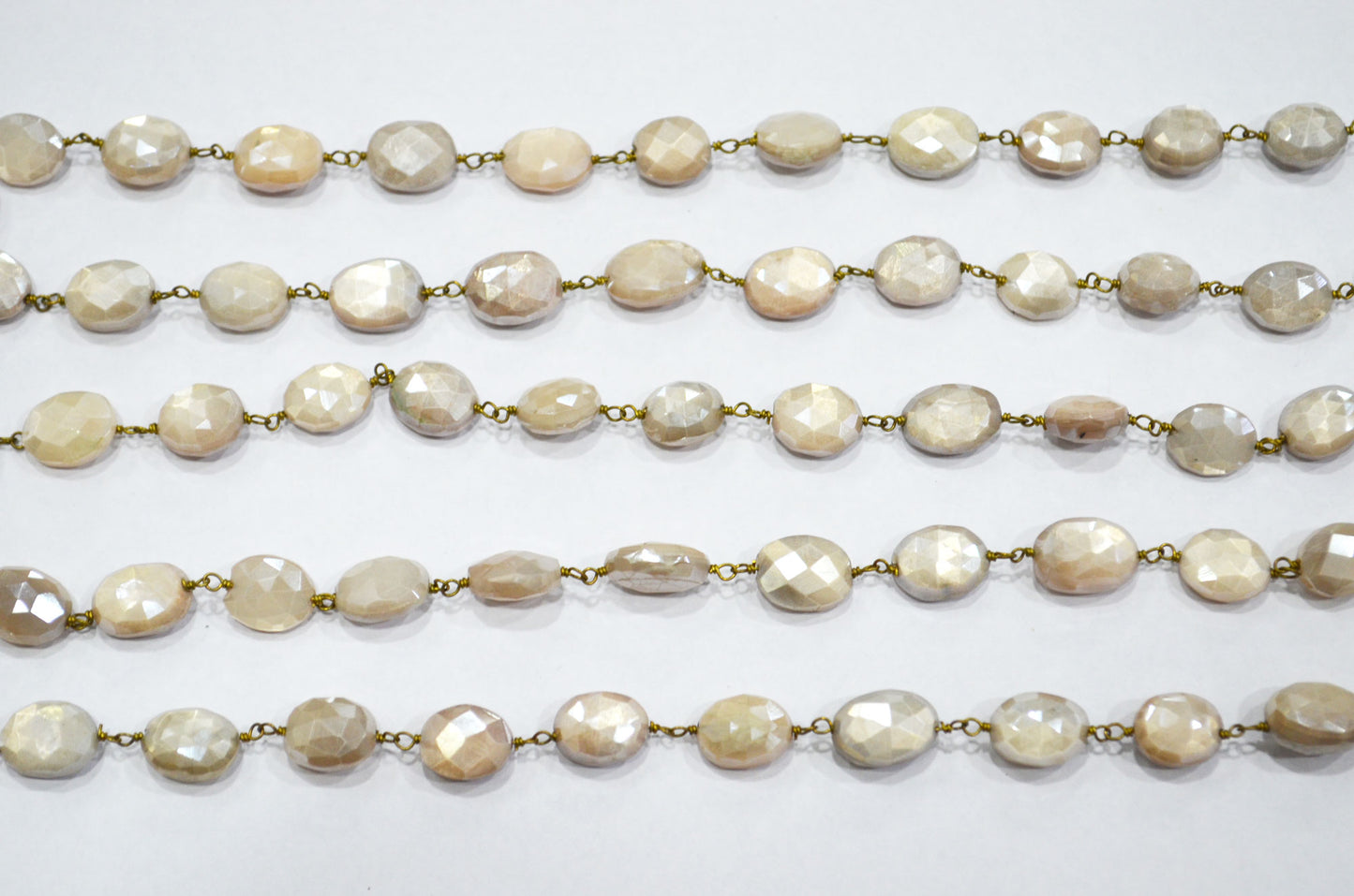 Mystic Beige Moonstone Faceted Oval Shape Rosary Beaded Chain , 9 - 11 mm , RB-5783