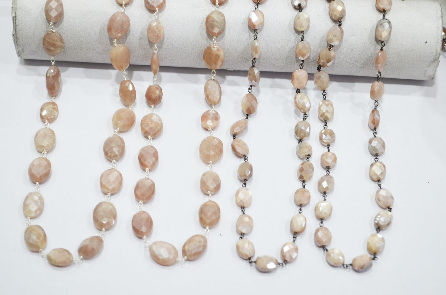 Mystic Peach Moonstone Faceted Oval Shape Rosary Beaded Chain , 9 - 11 mm , RB-5784