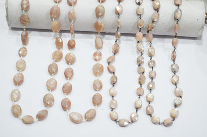Mystic Peach Moonstone Faceted Oval Shape Rosary Beaded Chain , 9 - 11 mm , RB-5784