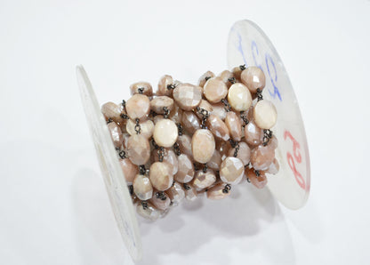 Mystic Peach Moonstone Faceted Oval Shape Rosary Beaded Chain , 9 - 11 mm , RB-5784