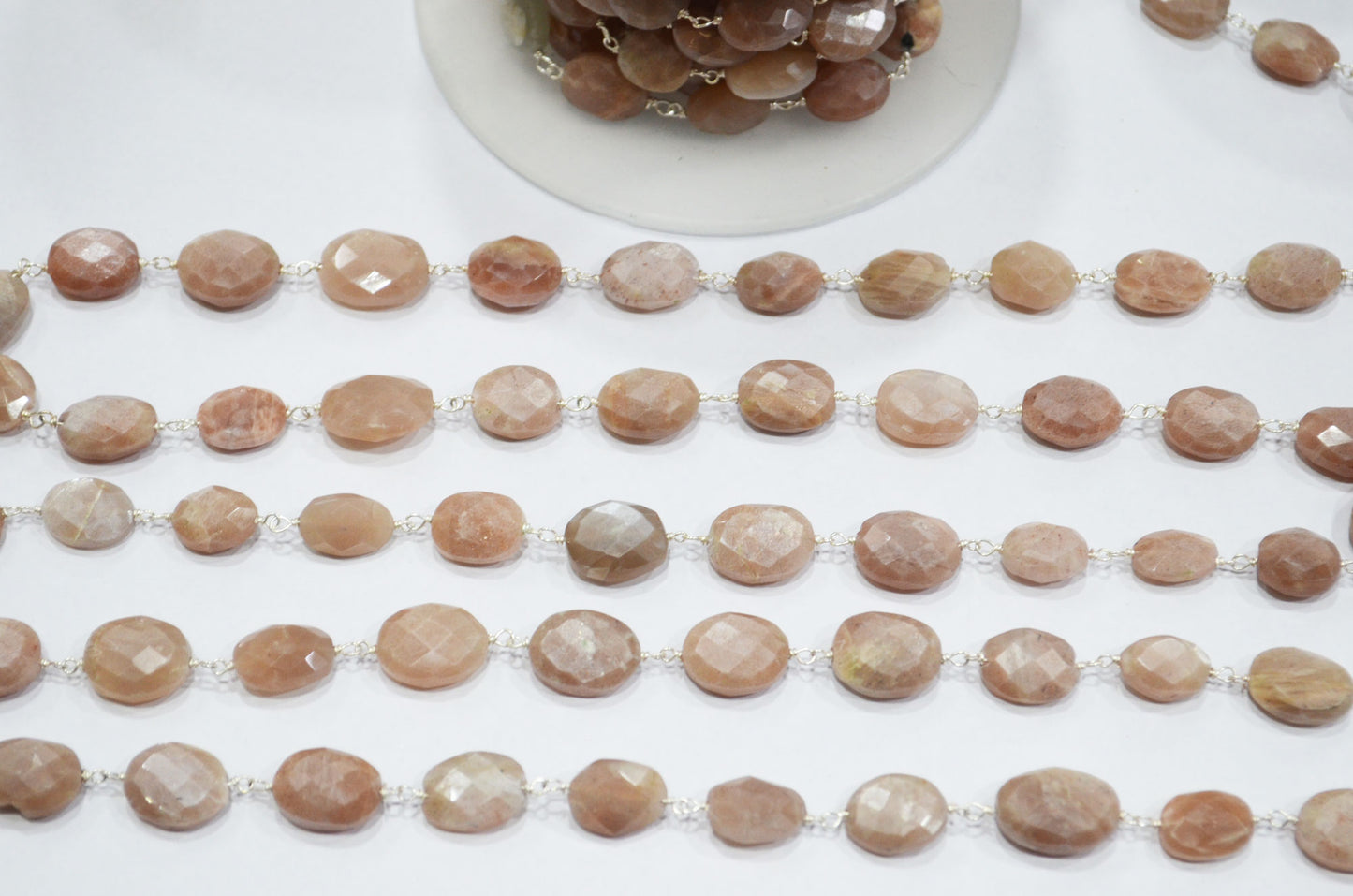 Mystic Peach Moonstone Faceted Oval Shape Rosary Beaded Chain , 9 - 11 mm , RB-5784