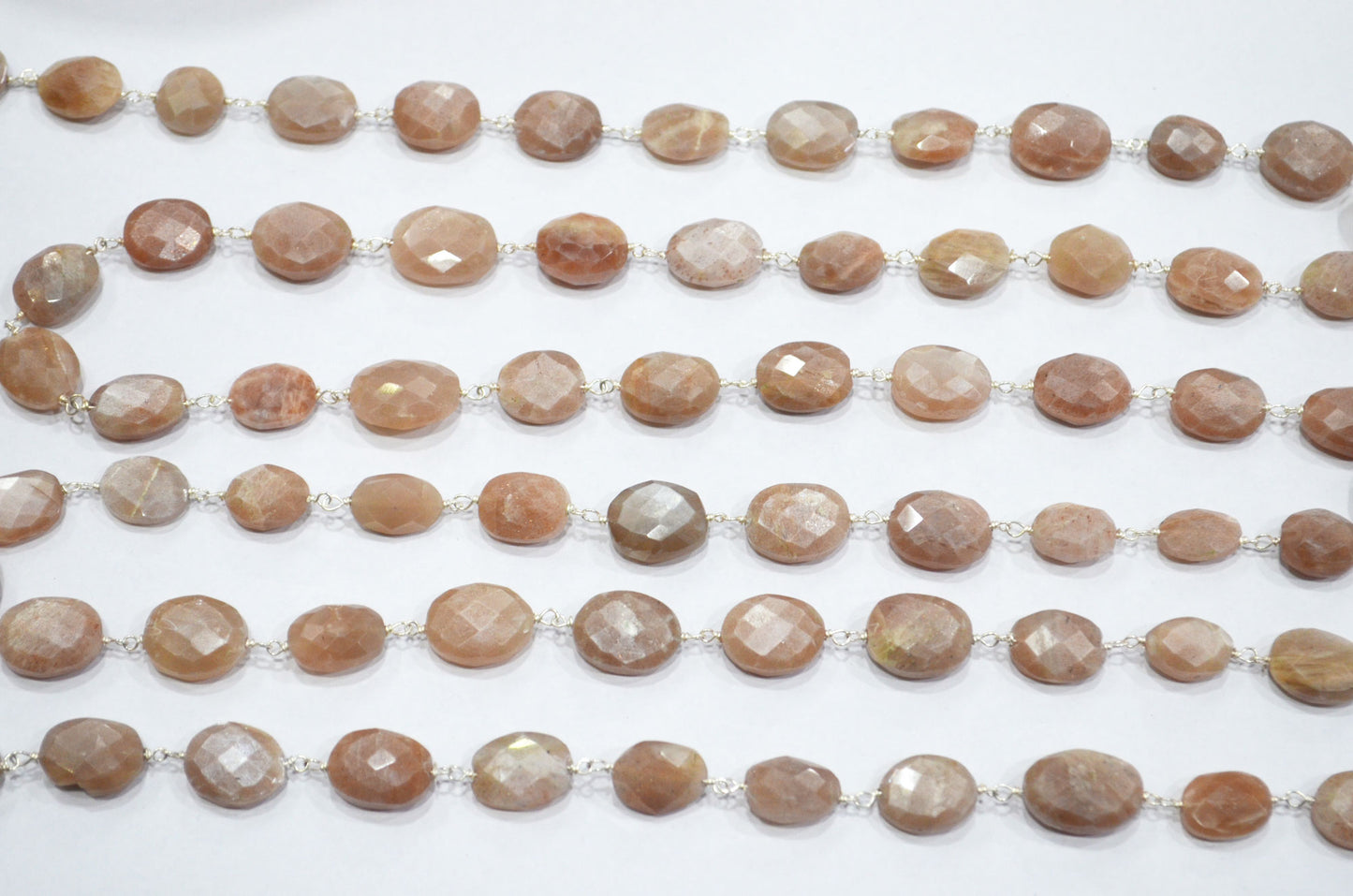 Mystic Peach Moonstone Faceted Oval Shape Rosary Beaded Chain , 9 - 11 mm , RB-5784