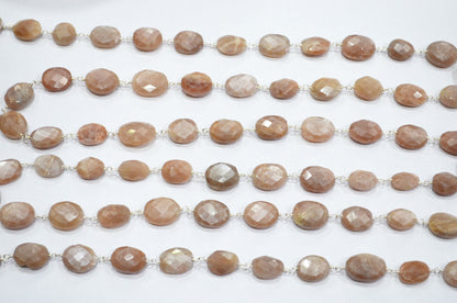 Mystic Peach Moonstone Faceted Oval Shape Rosary Beaded Chain , 9 - 11 mm , RB-5784